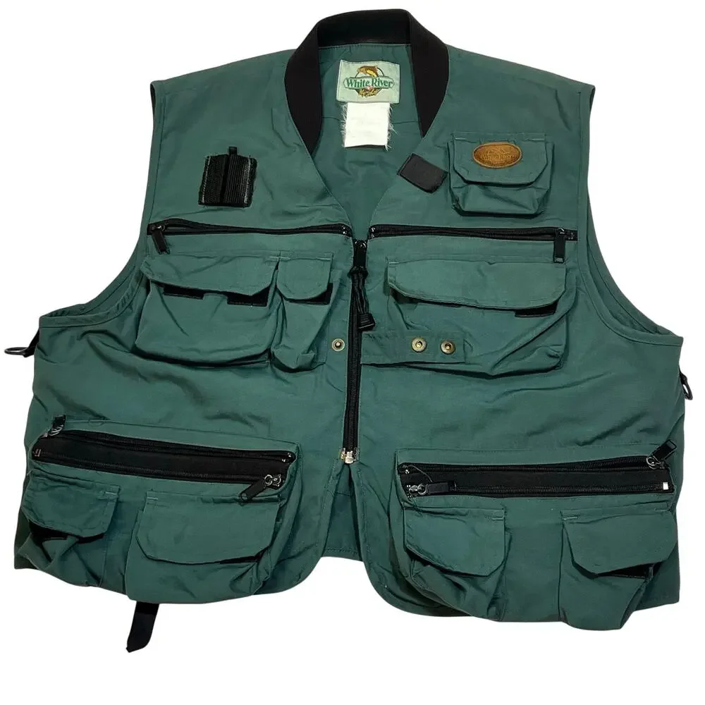 White River Fly Shop Fishing Vest Mens L Green Utility Multi Pocket Gilet